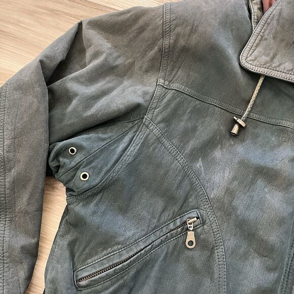 Vintage 80s 90s Grunge 100% Leather Worn Forest Green Heavy Coat Jacket Men's M - Picture 11 of 14